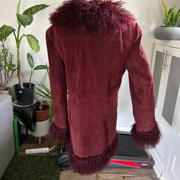 Vintage 90s burgundy mongolian fur suede penny lane coat jacket - Picture 3 of 6